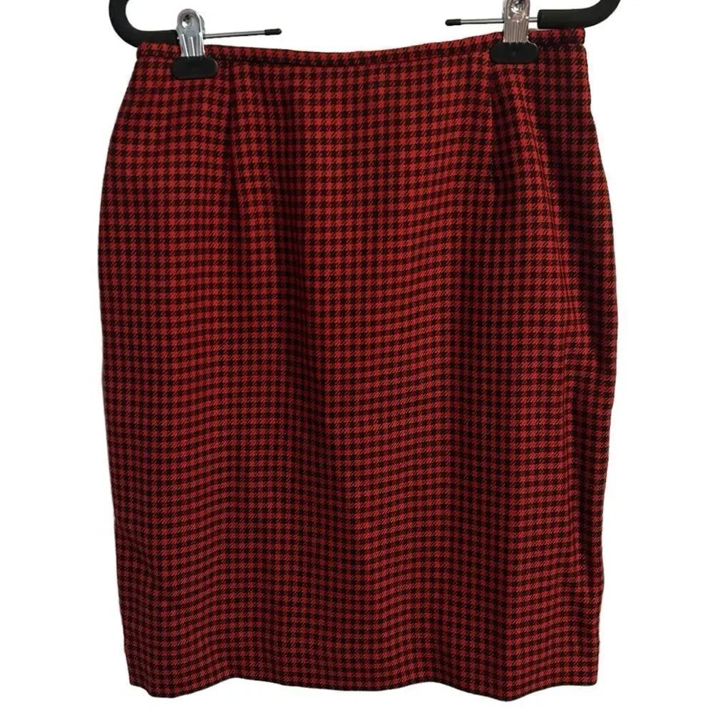 Jones New York Vintage Red and Black Houndstooth Wool Midi Skirt Size 10